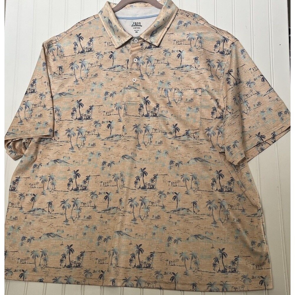 Izod Saltwater Relaxed Classic Polo Shirt Beige Blue Palm Tree Print Size 3XL